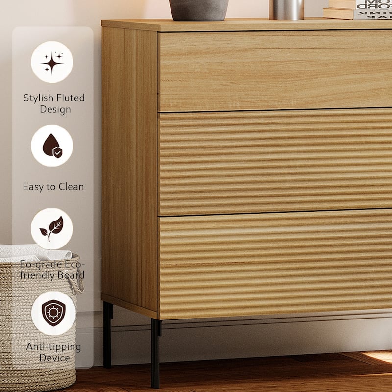Modern Minimalist Wood Nightstand With 3 Drawers ,31.5" End Table,Reeded Design Bedside Table