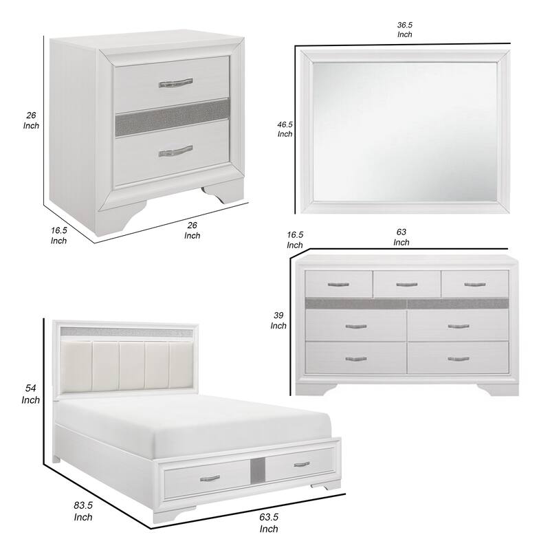 Lucy 4 Pc Queen Bedroom Set, Faux Leather Channel Tufted, Silver Accents, White