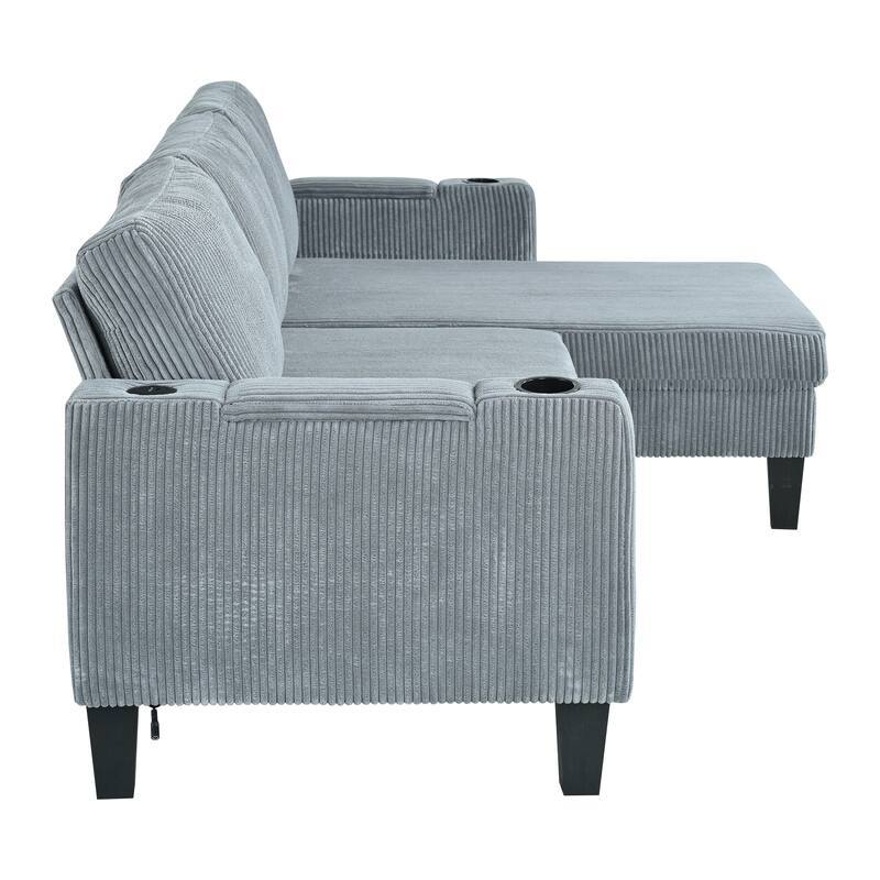 Reversible L-Shaped Sectional Sofa with Storage Chaise, USB Ports, Arm Cup Holder, Modern Corduroy Sleeper Couch for Living Room