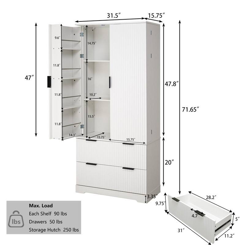 72" Fluted Kitchen Pantry Cabinet, Freestanding Cupboard Storage Cabinet with 2 Drawers for Smart Organization