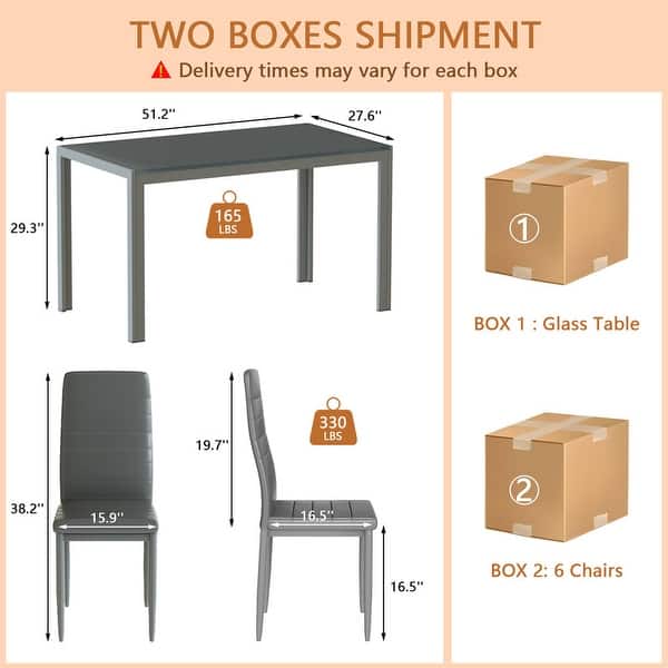 dimension image slide 1 of 3, Grondin Modern Style 7-Piece Dining Room Table Set with Tempered Glass Tabletop and 6 PU Leather Upholstered Chairs