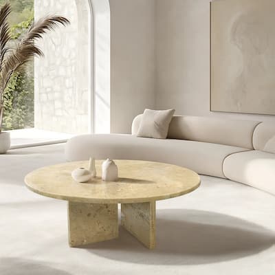 Premium Luxury Solid-Cut Natural Marble Round Coffee Table, Natural, Glossy