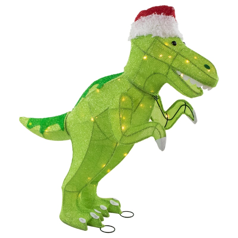 30" LED Tinsel Santa T-Rex Dinosaur Outdoor Christmas Decoration - Green