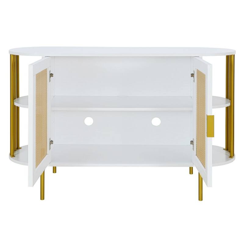 Sideboard Buffet Cabinets with Woven Ratta Doors, Curved Kitchen Storage Cabinets, Wood Coffee Bar Tables