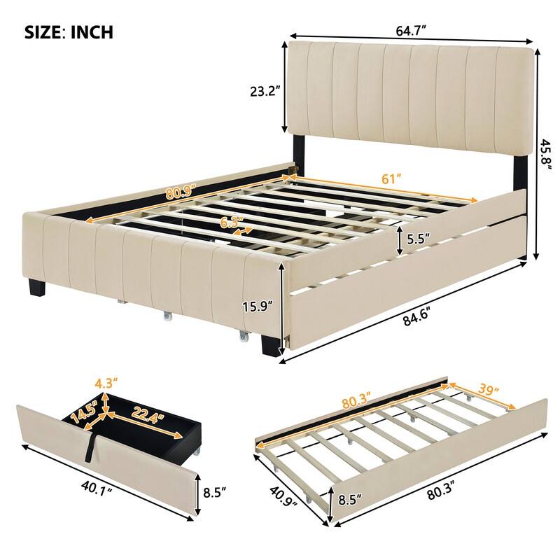 Queen Size Velvet Upholstered Platform Bed with 2 Drawers and 1 Twin XL Trundle