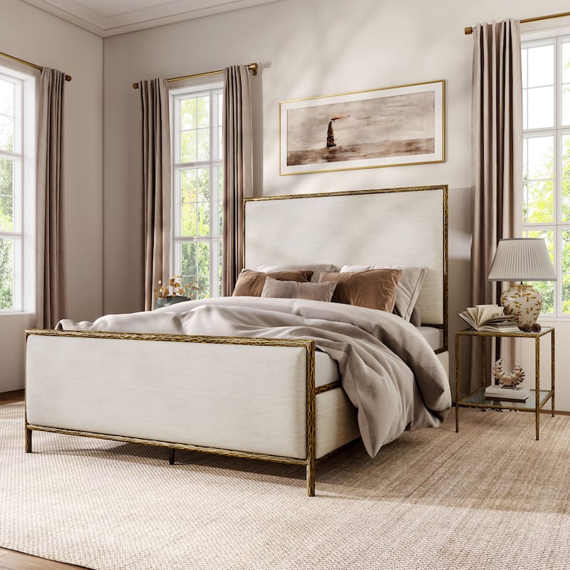 247 Shop At Home Lalia Modern 3-Piece Upholstered Hammered Metal Panel Bedroom Set with 2 Nightstands - Matte Gold - Queen