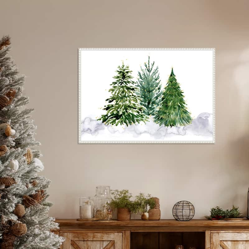 Three watercolor Christmas trees by Rosana Laiz Blursbyai Framed Canvas Wall Art Print