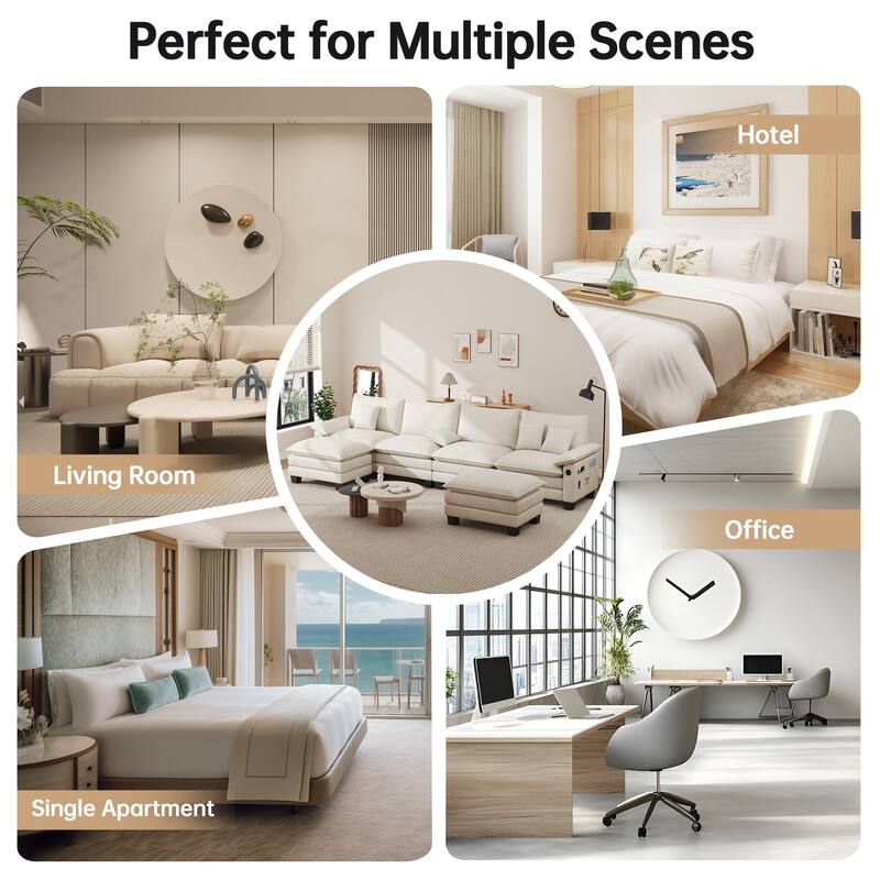 144" Modular Compression Sofa Set Convertible Sectional Sleeper Couch with 2 Ottomans