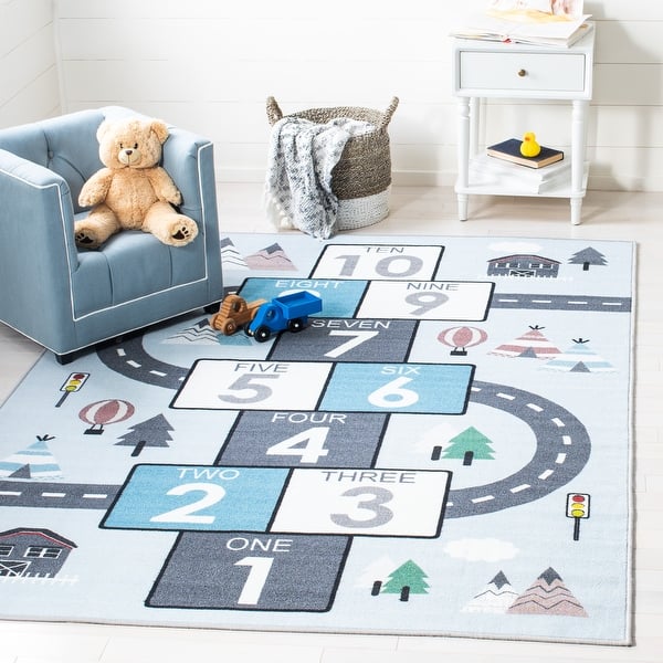 slide 2 of 16, SAFAVIEH Kids Playhouse Machine Washable Slip Resistant Sunny Hopscotch 2' 2" x 4' - Grey/Blue
