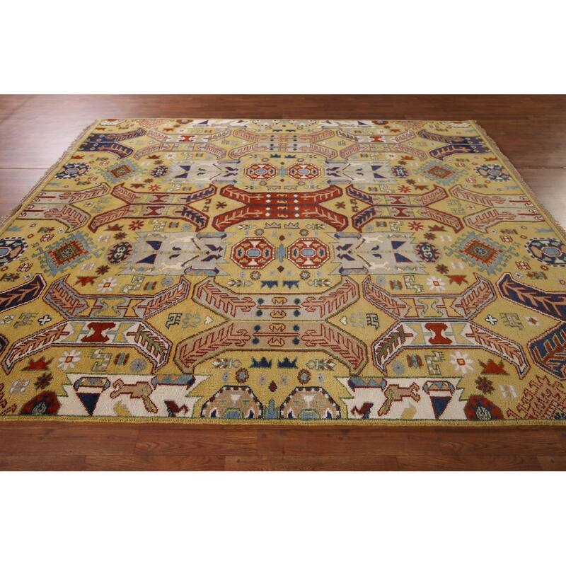 All-Over Geometric Kazak Oriental Area Rug Hand-Knotted Wool Carpet - 7'11"x 9'9"