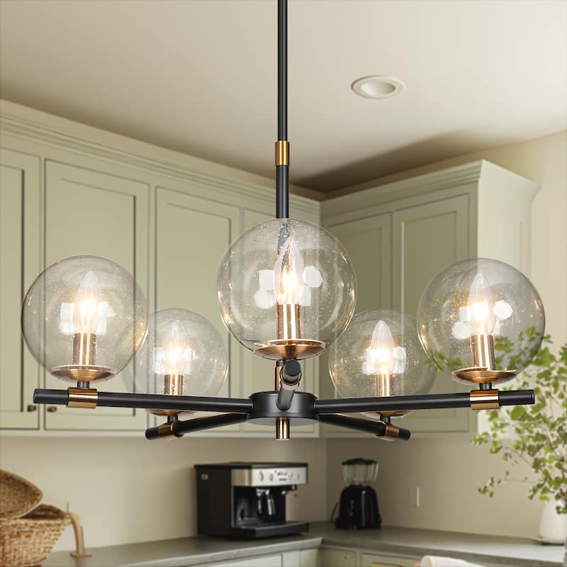 Modern Industrial 5-Light Matte Black/Gold Chandelier Globe Glass Shades Pendant Light Fixture for Dining Room - 22" D x 14" H