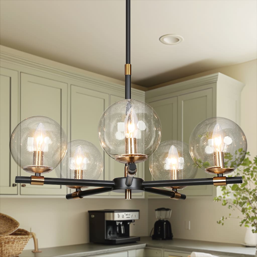 Modern Industrial 5-Light Matte Black/Gold Chandelier Globe Glass Shades Pendant Light Fixture for Dining Room - 22" D x 14" H