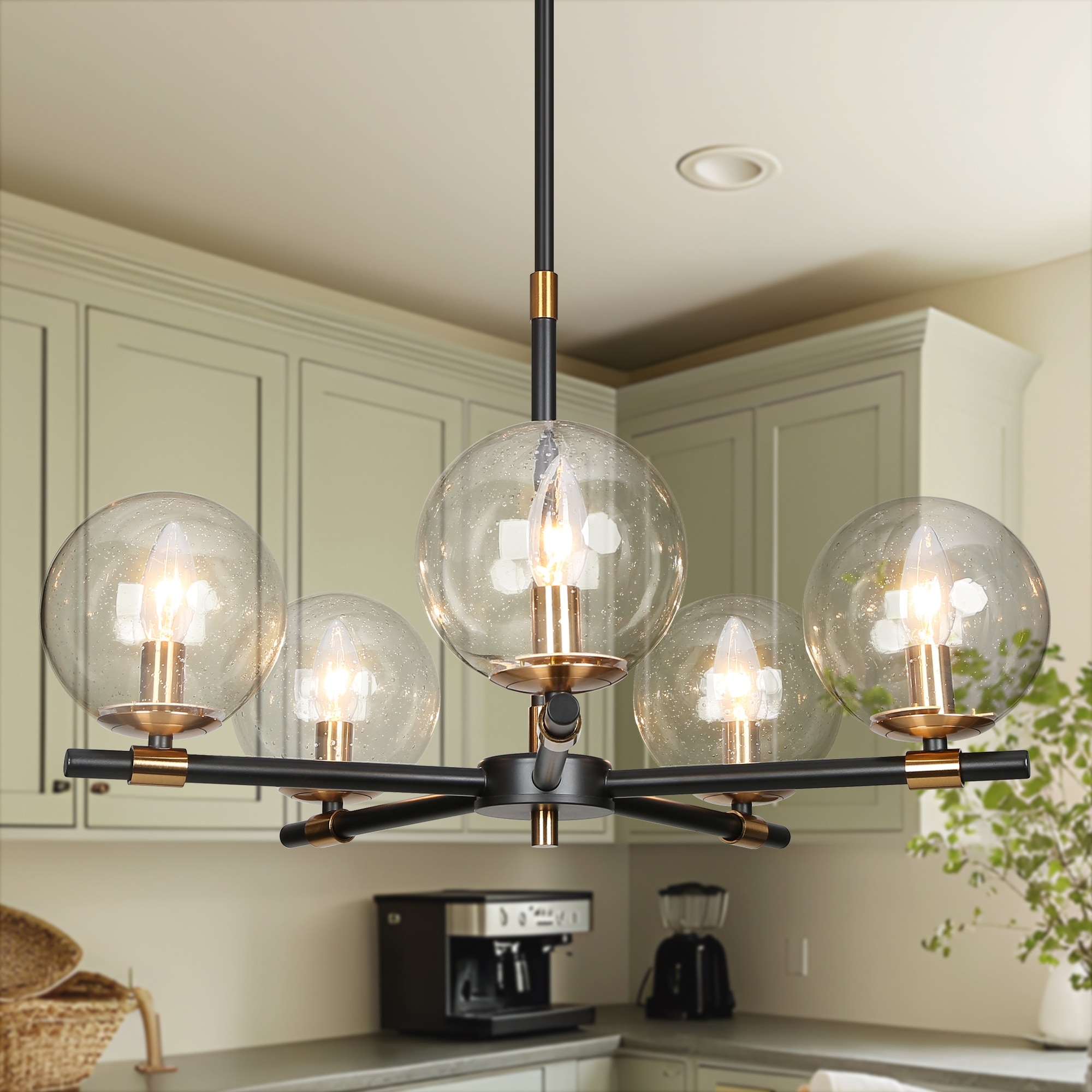 Modern Industrial 5-Light Matte Black/Gold Chandelier Globe Glass Shades Pendant Light Fixture for Dining Room