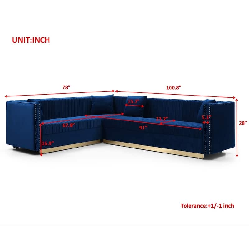 100.8'' Velvet Vertical Channel Tufted Sectional Sofa - Modern 6-Seat Corner Couch with 4 Pillows