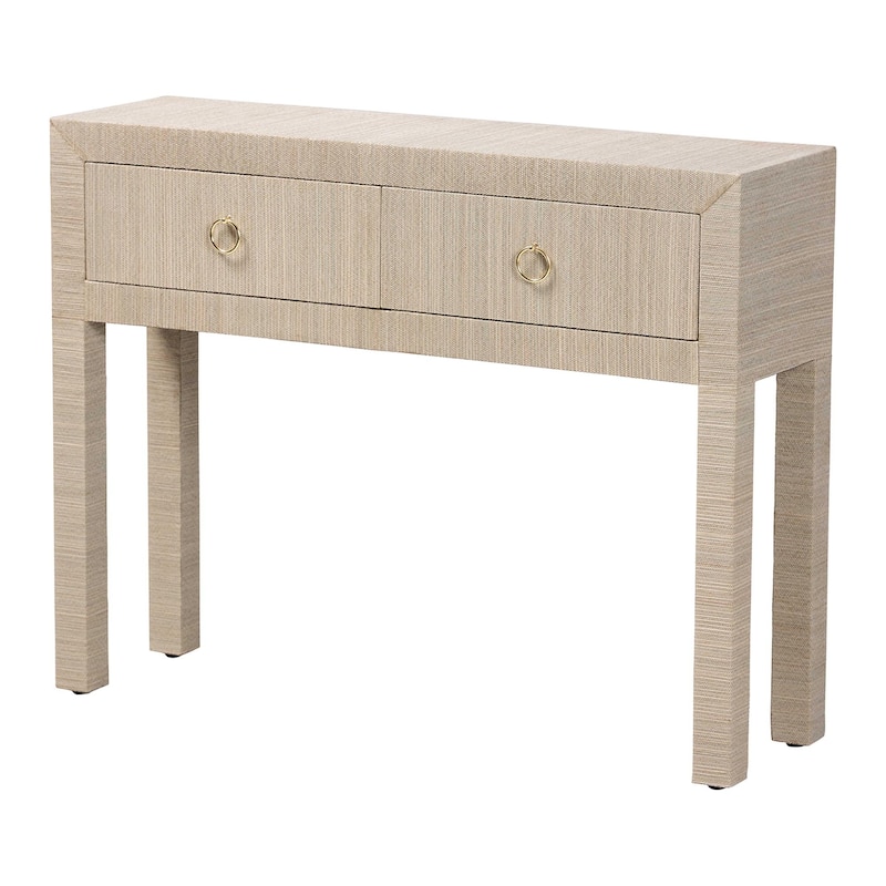 Noah Grasscloth 2-Drawer Console Table - Woven Texture Entryway Table with Gold Ring Pulls, Narrow Hallway or Living Room Accent - Beige/Gold