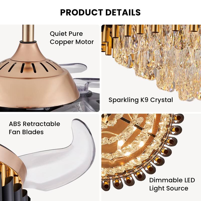 Modern Gold Black Retractable Crystal Ceiling Fan With Lights, Dimmable LED Luxury Chandelier Ceiling Fan With Remote Control