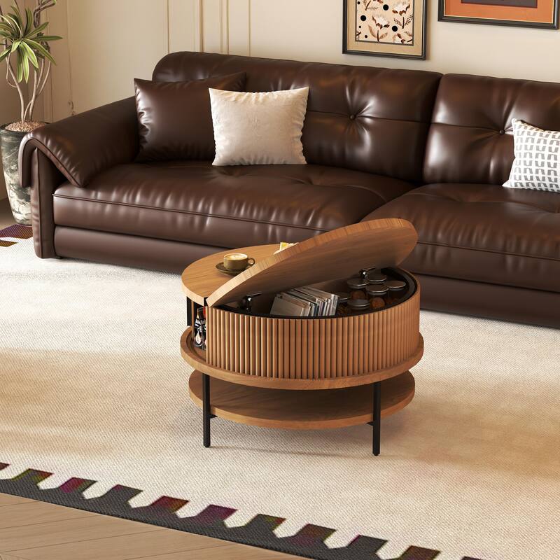 Flip-Top Round Coffee Table with Storage for Living Room, 31.5" Farmhouse Style Center Table with Sliding Doors