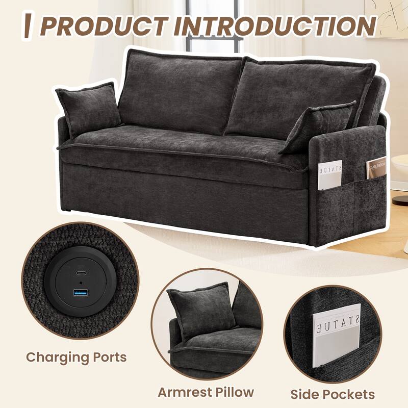 59.5" Ergonomic Sofa Bed with Storage & Charging - Supportive Chenille Convertible Sleeper, 800lb Capacity