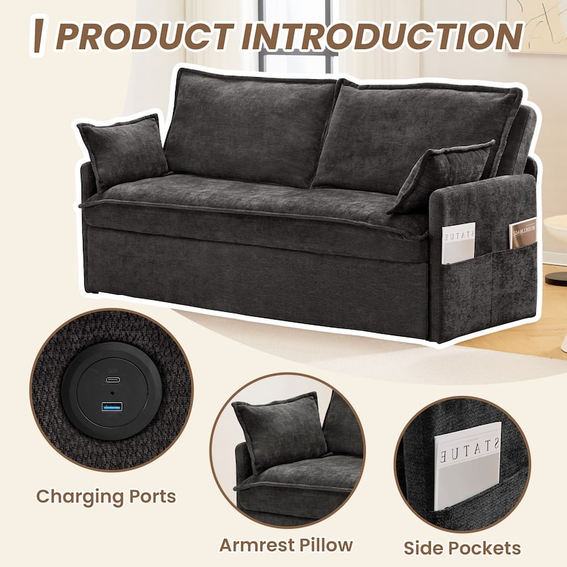 59.5" Loveseat Sofa Bed, Upholstered Pull-Out Sleeper Couch with Charging Ports Modern Convertible Couch for Small Spaces