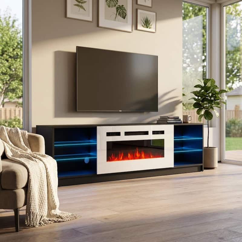 Meble Furniture Boston 79" Electric Fireplace TV Stand with 40" Fireplace Insert and LED Shelf Lighting