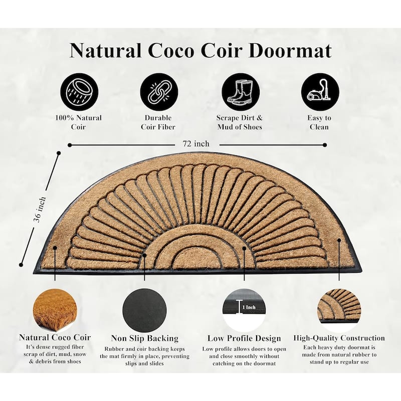 A1HC Sunburst Half Moon Tapered Edge Rubber Coir Doormat Outdoor Mat