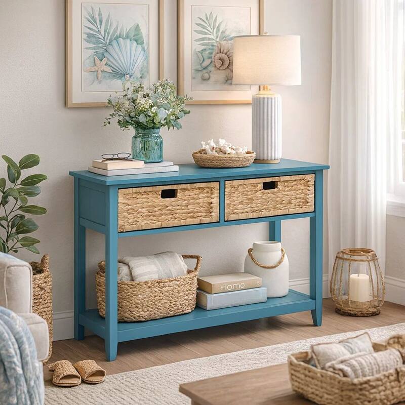 Flavius Console Table with 2 Drawers, Blue