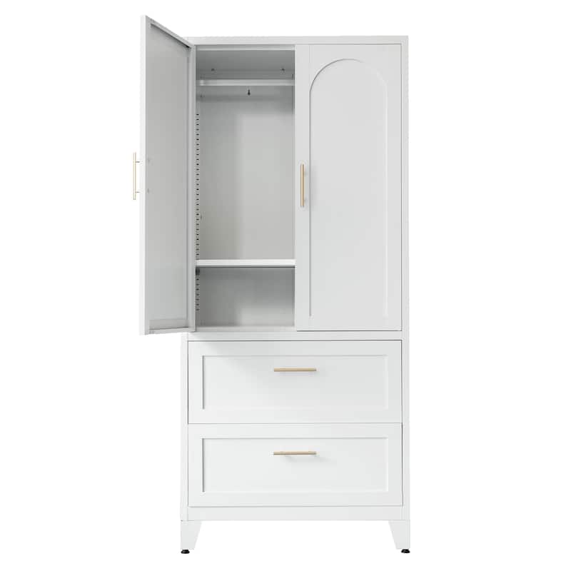 White Metal Wardrobe Closet with 2 Drawers and Hanging Rod, 71" Tall Bedroom Armoire Clothes Storage Cabinet with Shelf