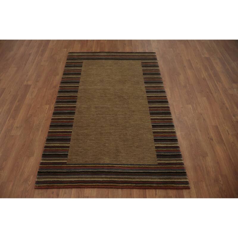 Hand Knotted Oriental 100% Wool Carpet Modern Stripe Brown Nepalese Area Rug - 5' 7'' X 3' 6''