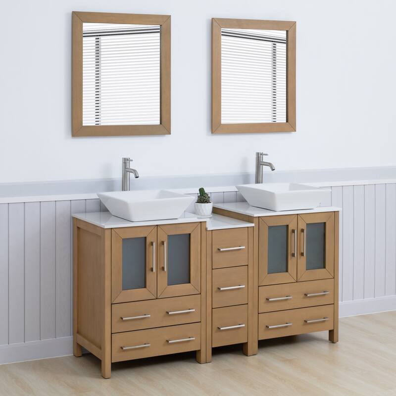 Vanity Art 60" Double Sink Bathroom Vanity Set with Engineered Marble Top and Free Mirror - 60 W X 18.5 D X 31.1 H