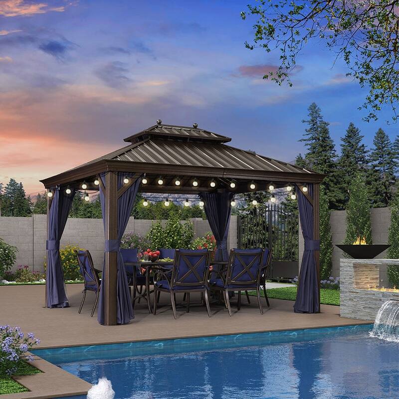 PURPLE LEAF Outdoor Gazebo Aluminum Frame Galvanized Steel Hardtop Gazebo with Bulbs