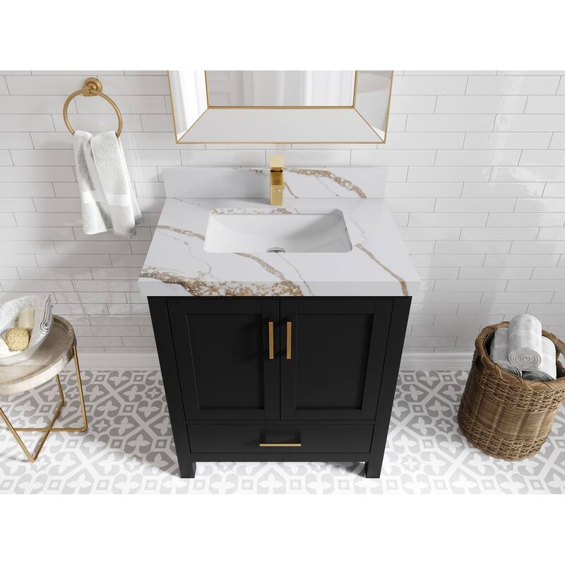 Willow Collections 30 in. W x 22 in. D Malibu Single Sink Bathroom Vanity with Countertop - 2" Calacatta Gold - Black