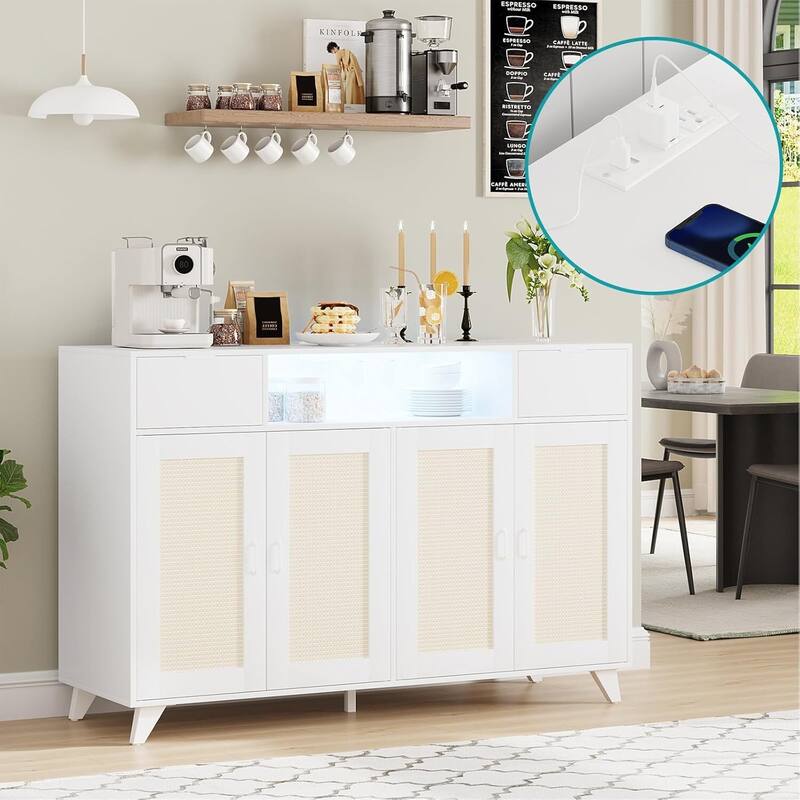 Sideboard Buffet Cabinet, 4 Rattan Doors 2 Drawers Accent Storage Cabinet - White