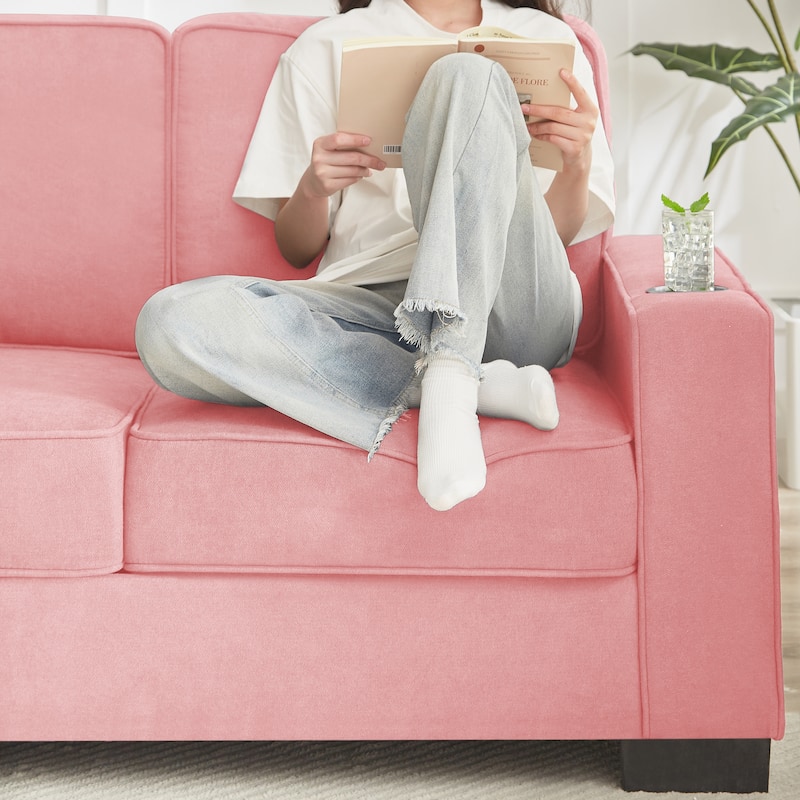 Snowfleece Fabric Cloud Sofa, Upholstered 3 Seater Sofa with Square Armrests, Compressed Couch with 2 Cup Holders