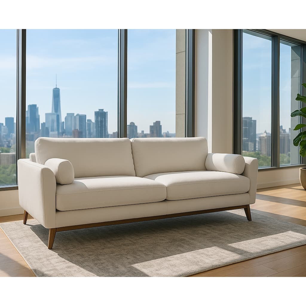 Birre Beige Micro Boucle Fabric Sofa with Walnut Wood Legs