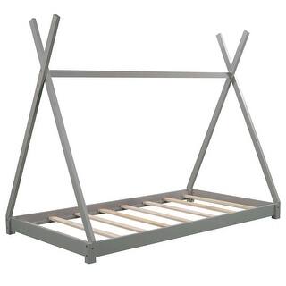 Wooden Twin Size House Platform Bed with Triangle Structure, Solid Wood Kids Bed Frame for Girls or Boys, No Box Spring Needed
