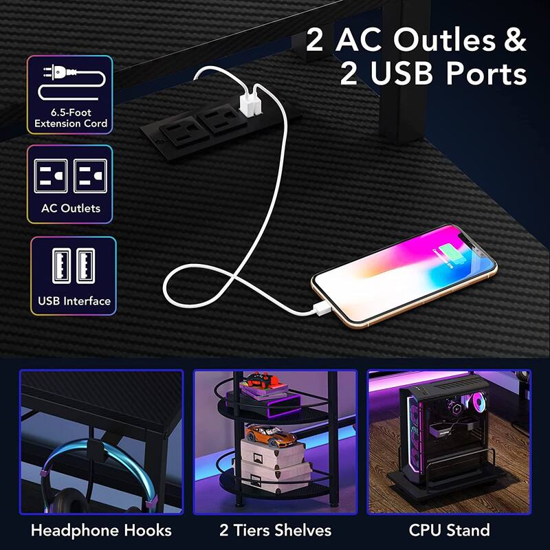 L Shaped Gaming Desk with LED Strip & Power Outlets, 55 Inch Computer