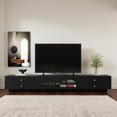 87 Inch Modern TV Stand with Fluted Glass Doors, Media Console with Tempered Glass Shelf and 4 Drawers for TVs Up to 95 Inch