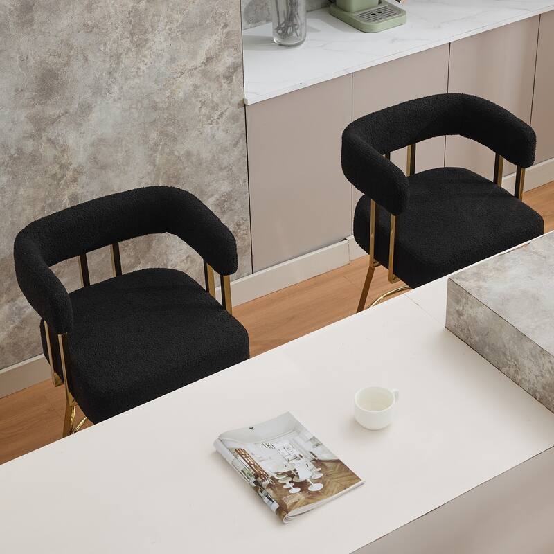 Set of 2 Modern Side Chairs, Black Teddy Fleece with Gold Metal Legs & Foot Bar, for Living Room or Office