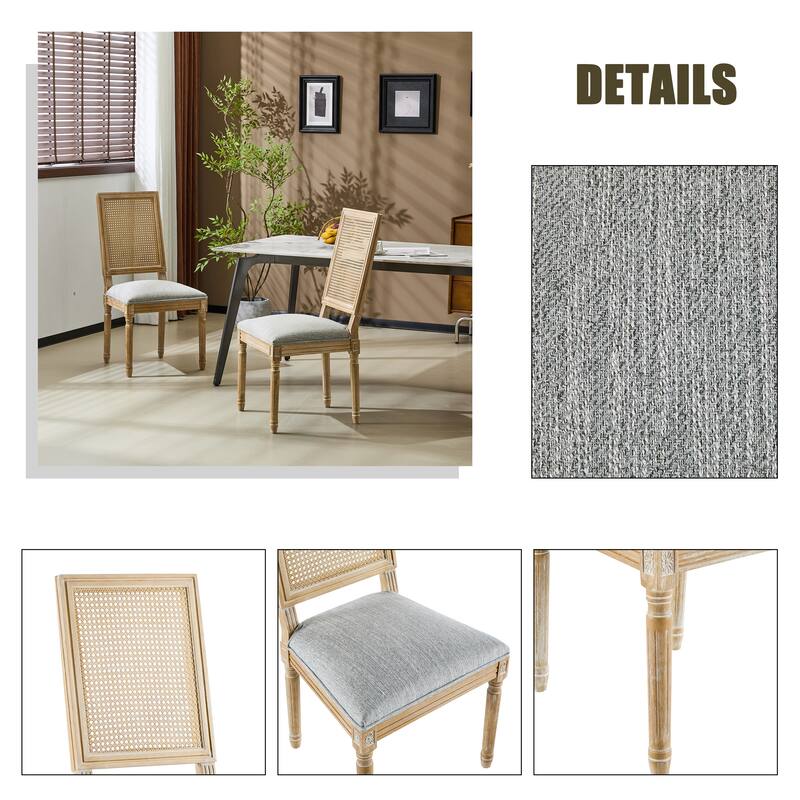 Dining Chairs Elegant Cane Backrest and Upholstered Seats with Fluted Legs Set of 2