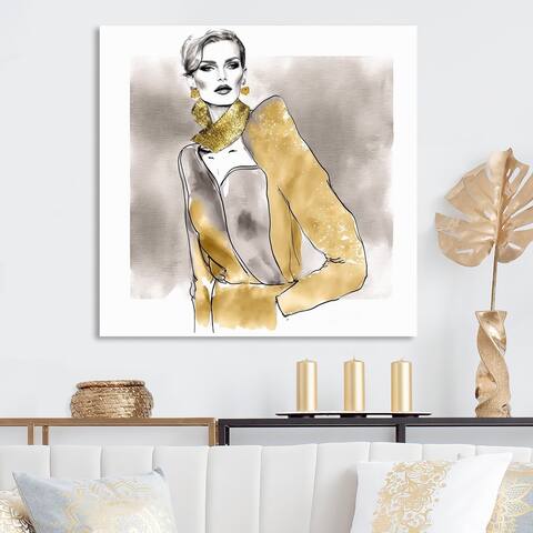 Designart "Haute Couture Sketch In Retro Gold IV" Fashion Woman Canvas Wall Art
