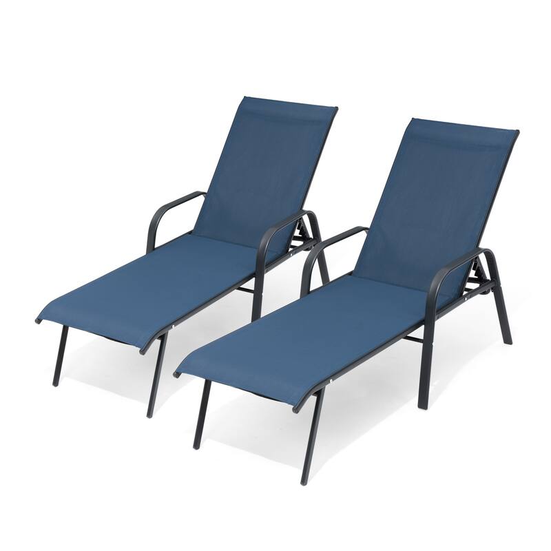 Crestlive Products Outdoor Adjustable Reclining Chaise Lounge Chair with Armrest - Navy Blue - 2PC
