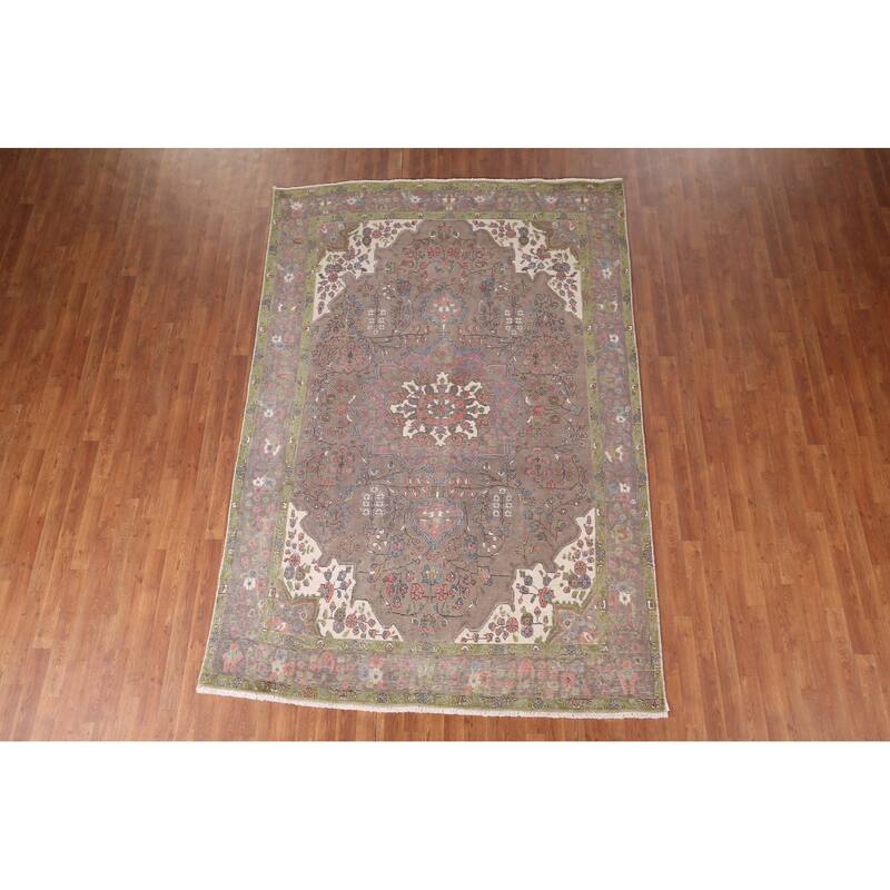 Brown Tabriz Persian Vintage Rug Handmade Traditional Wool Carpet - 6'6"x 9'8"