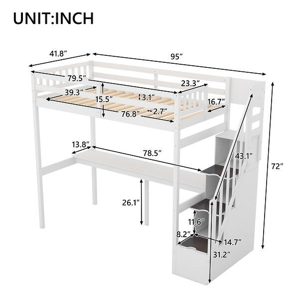 dimension image slide 0 of 2, Twin Loft Bed with Storage Stairs & Built-In Desk - Safety Guardrails Included