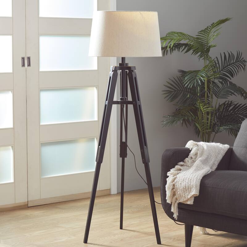 Wood Tripod Room Floor Lamp with Cream Linen Shade - Black - Roche River Decor