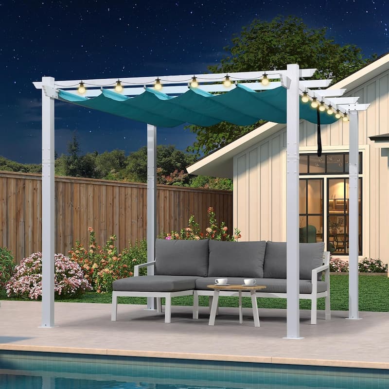 PURPLE LEAF Gazebo White Aluminium Outdoor Retractable Pergola with Canopy Cover - 10ft x 10ft(String Light ) - Turquoise Blue