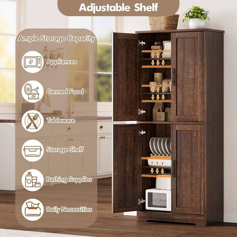 70" Tall Kitchen Pantry Cabinet with 4 Doors and 3 Adjustable Shelves