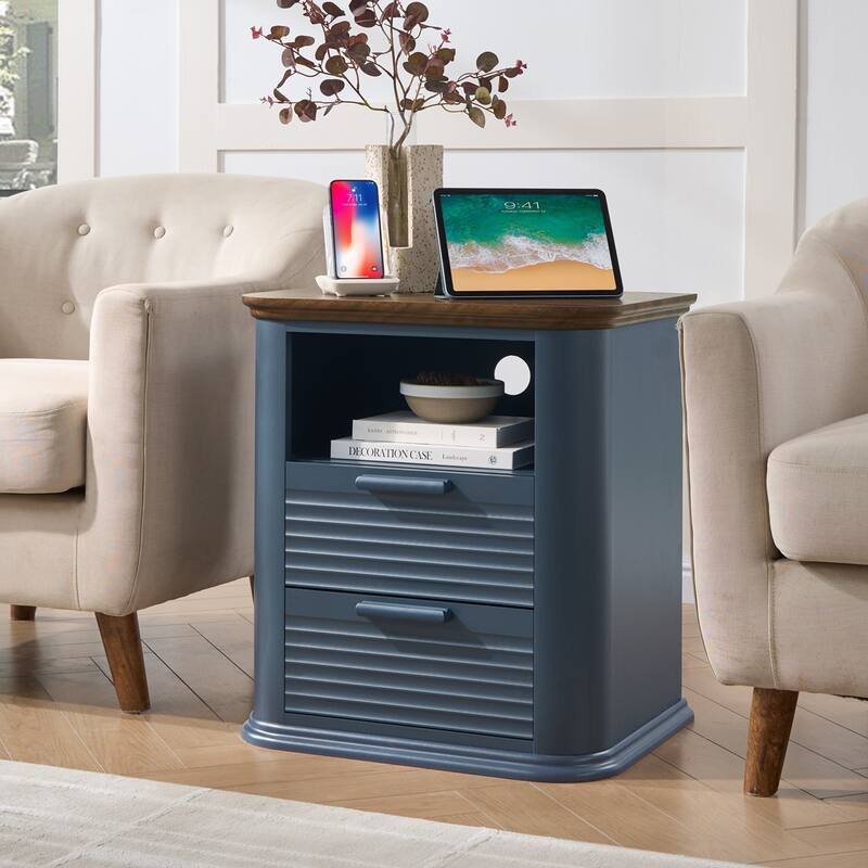 22" Fluted Night Stand with Charging Station, End Table with 2 Drawers & Open Storage, Side Tables Curved Profile Design