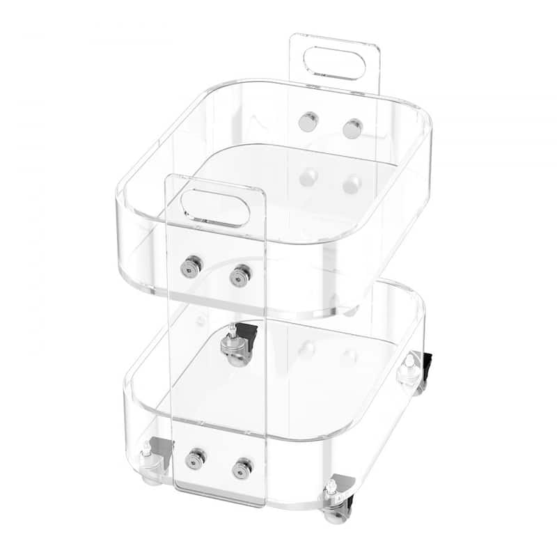 Clear Acrylic 2-Tier Side Table with Lockable Wheels and Transparent Storage - 12 x 16.3 x 18.9 in