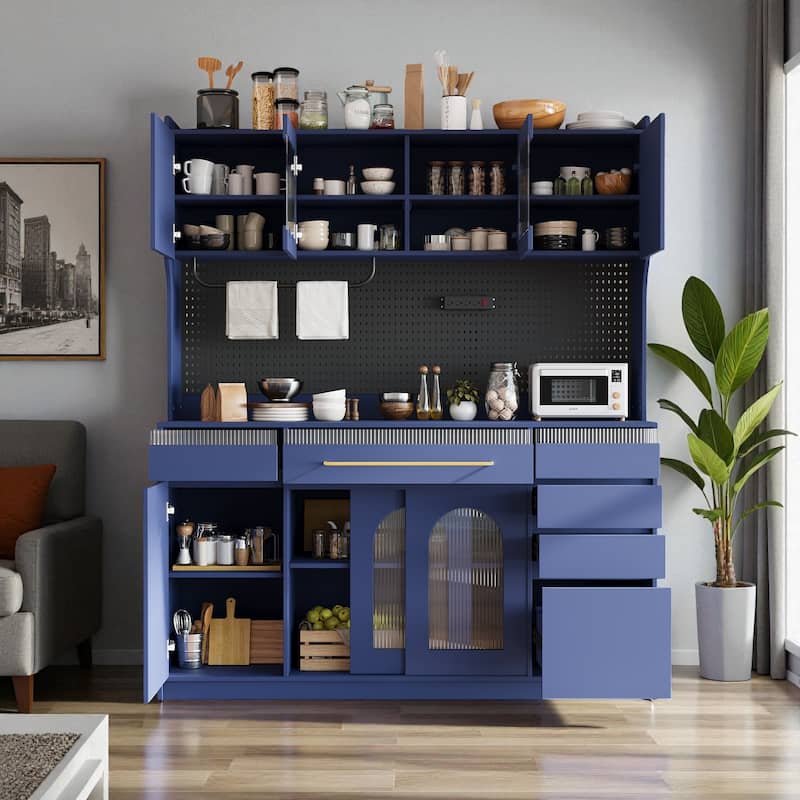 63" Freestanding Buffet Hutch with Power Outlet, 6 Drawers, 5 Cabinets, Adjustable Shelves & Coffee Bar Storage - Blue