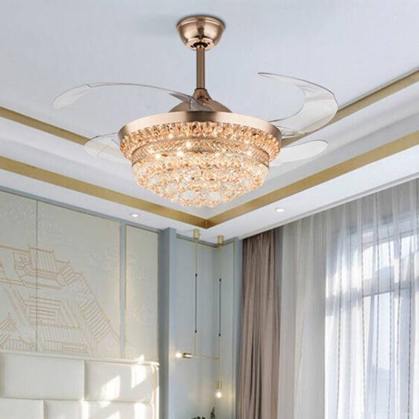 slide 12 of 11, 42'' Gold Chandelier LED Ceiling Fan with Retractable Blades - 42 Inches 42 Inches - Gold